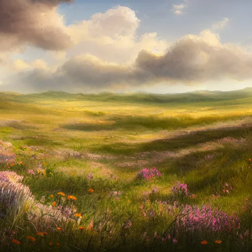 Prompt: a matte painting of a european prairie, patchy flowers and rocks, oil painting, pale colors, high detail, 8 k, wide angle, trending on artstation,