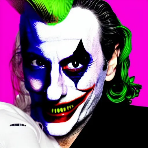 Image similar to richard hamilton and mimmo rottela as lady gaga harley queen and joaquin phoenix joker, pop art, 2 color, left align, object details, dynamic composition, 4 k, ultra realistic art, smooth, sharp focus, illustration, concept art, intricate details, h 7 6 8