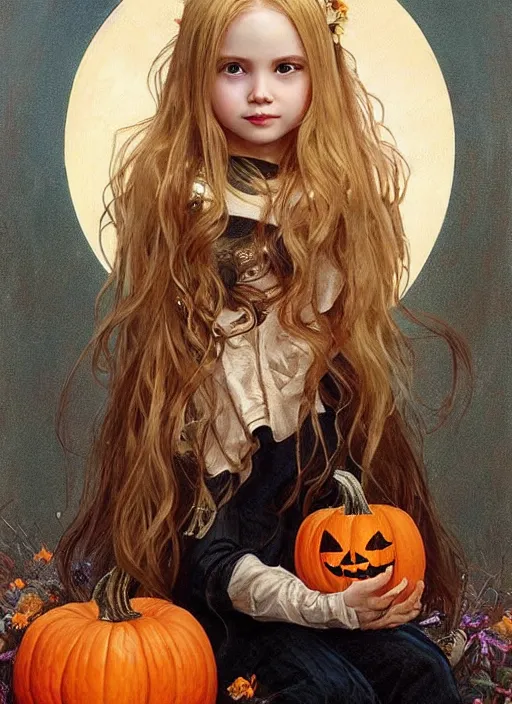 Image similar to a happy little girl with long straight golden blonde hair sitting amidst halloween decor, skulls and pumpkins. beautiful highly detailed face, beautiful painting by artgerm and greg rutkowski and alphonse mucha