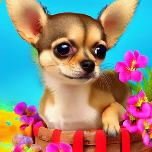 Image similar to small chihuahua puppies with beautiful and tropical clothes, digital art