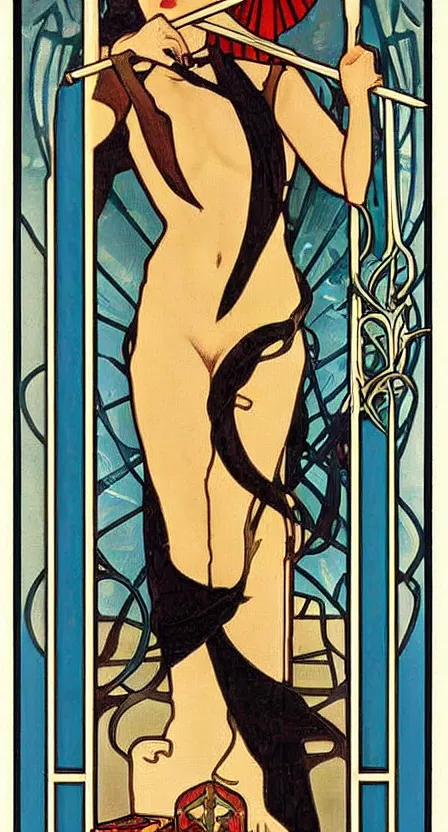 Prompt: an art deco tarot card of the grim reaper with a scythe, digital painting by tamara de lempika and an elegant border by alphonse mucha.