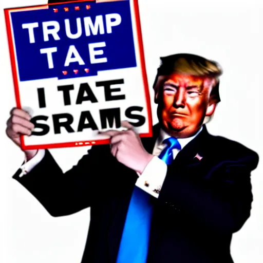 Prompt: a photo of Donald Trump holding a sign saying 'I hate signs !', desaturated photo, cinematic