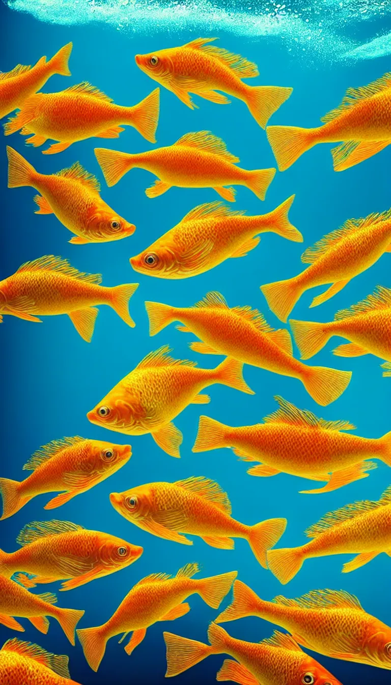 Prompt: highly detailed photo of beautiful five colorful gold fish under water, hyper realistic, concept art, 8 k detail post - processing