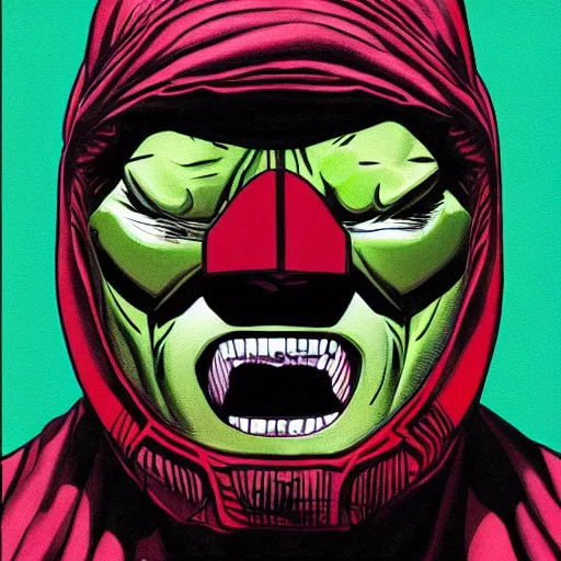 Prompt: the hip hop artist MF DOOM as the hulk