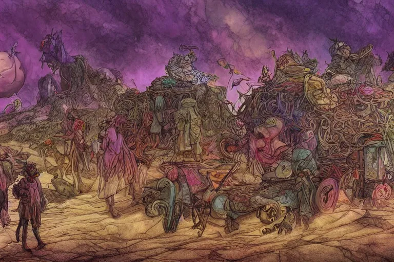 Prompt: caravan of rabbit merchant nomads traveling through a psychedelic landscape, in the style of Greg Broadmore and Arthur Rackham and Moebius, trending on artstation, light lighting side view,digital art,surrealism ,macro,blueprint ,vaporwave ,