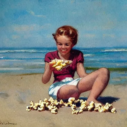 Image similar to (((((1950s girls eating popcorn at the beach . muted colors.))))) by Jean-Baptiste Monge !!!!!!!!!!!!!!!!!!!!!!!!!!!