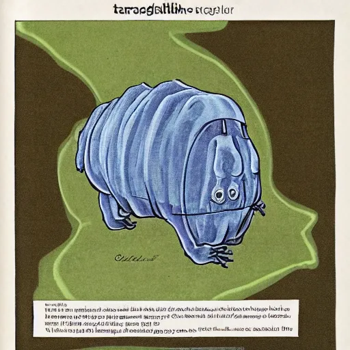 Prompt: Tardigrade, scientific depiction, Textbook Illustration in clolour, 1982