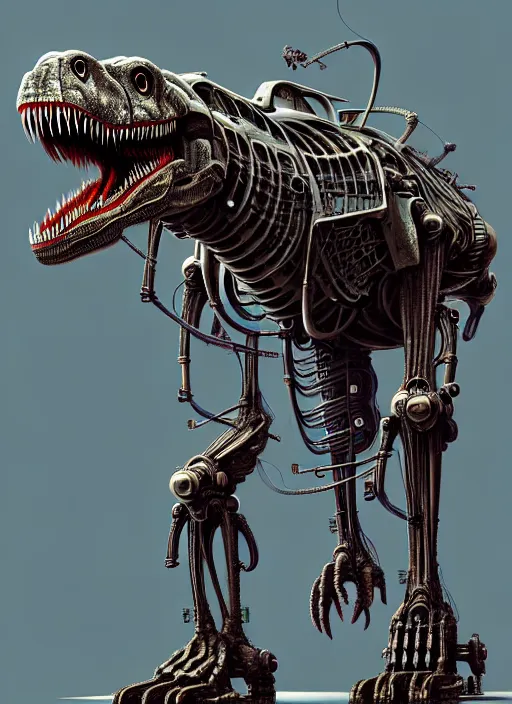 Image similar to trex in a mech suit, by roberto aizenberg, zezhou chen, peter gric, boris artzybasheff and hr giger, hyper detailed, screen print, character concept art, hyperrealism, coherent, cgsociety, zbrush central, behance hd, hypermaximalist