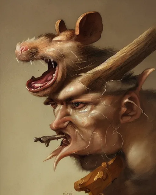 Image similar to baroque portrait of a male were-rat. head of a rat. he is very muscular. he is holding an axe. 4K trending on artstation by peter mohrbacher