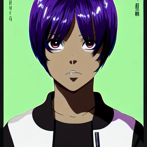 Prompt: anime poster film still portrait, young black woman, black black black woman, purple colored eyes!!!!, white french bob hairstyle, white hair color, green colored bomber jacket, detailed facial features, dynamic pose,, rimlight, cel shaded, 4 k