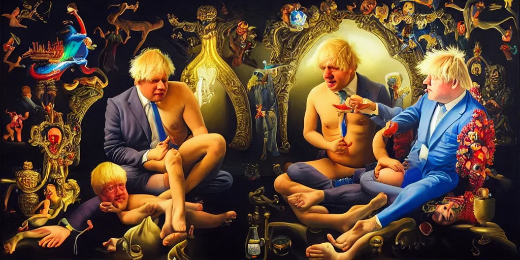 Image similar to rishi sunak and boris johnson in heaven, abstract oil painting by gottfried helnwein pablo amaringo raqib shaw zeiss lens sharp focus high contrast chiaroscuro gold complex intricate bejeweled