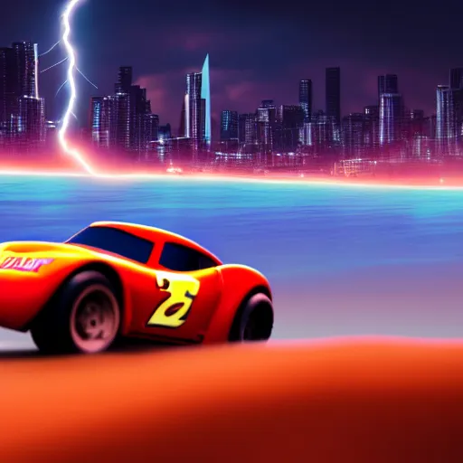 Prompt: lightning mcqueen car driving on wet sand on beach, evening, cyberpunk city in the background, photo, 4 k, highly detailed