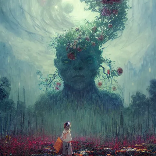 Image similar to a gigantic beautiful terrifying monster made of flowers looms over a tiny human. ethereal horror fantasy art by greg rutkowski and magali villanueve and monet