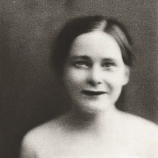 Prompt: disturbing frontal portrait of a woman with eyes on her cheeks, scary smile, monochrome photograph taken in 1910, grainy, film grain