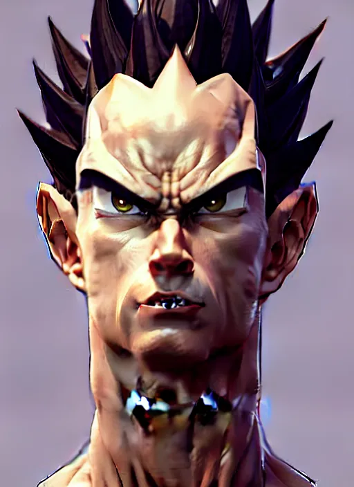 Image similar to by greg rutkowski, symmetry, concept art by artgerm, distance render portrait of a hyper realistic prince vegeta, intense, epic, ssj, alphonse mucha, octane render, highly detailed, high quality, 8 k, soft lighting, path traced, and uang guangjian and gil elvgren, symmetry!!