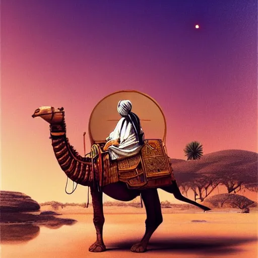 Prompt: an african moor wearing white robes riding a steampunk camel into a lush desert oasis with a reflective pond, by greg rutkowski and android jones, oil on canvas, 8k, synthwave sunset