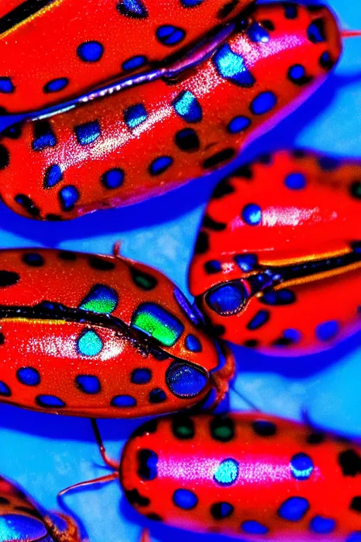 Image similar to high quality macro photo iridescent Red spotted jewel beetles! gorgeous highly detailed david ligare elson peter cinematic blue lighting high quality low angle hd 8k sharp shallow depth of field