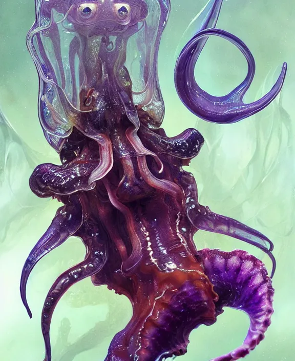 Image similar to intricate transparent portrait of a terrifying beautiful alien cuttlefish, horns, mottled coloring, adorable, childlike, anxiety environment, ultra realistic, concept art, art nouveau, photorealistic, octane render, 8 k, unreal engine. art by christopher marley and artgerm and greg rutkowski and alphonse mucha