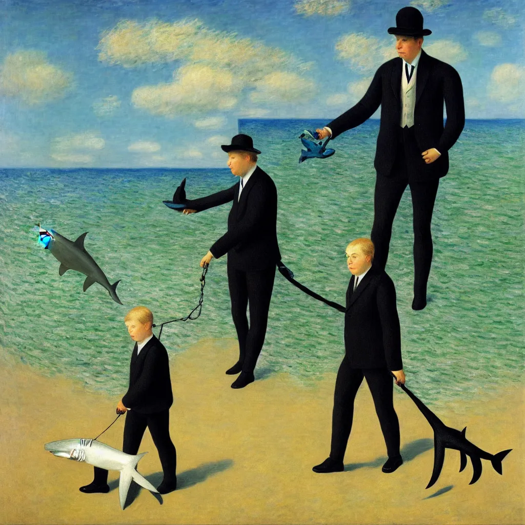 Prompt: portrait of a business man walking his pet shark, by rene magritte, monet, and turner
