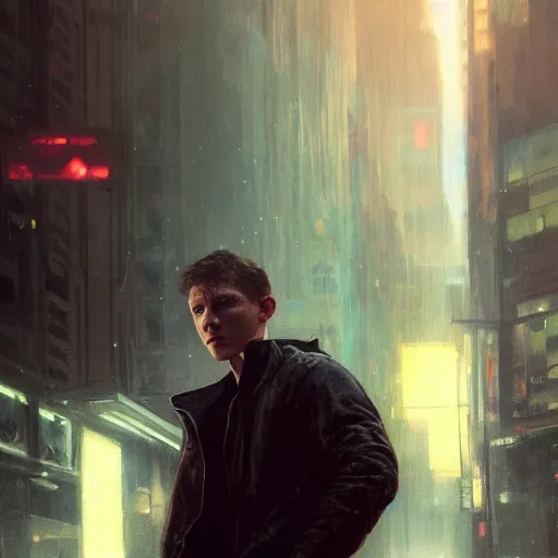 Prompt: tom holland, hyperrealistic portrait, bladerunner street, art of elysium by jeremy mann and alphonse mucha, fantasy art, photo realistic, dynamic lighting, artstation, poster, volumetric lighting, very detailed face, 4 k, award winning