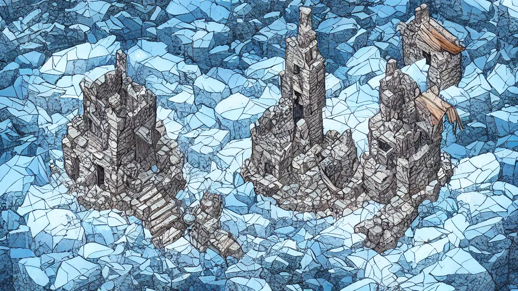 Image similar to Aerial view of a wizard tower surrounded by an ice cave, a fire cave, an ice mine and a fire mine, lineart, colored