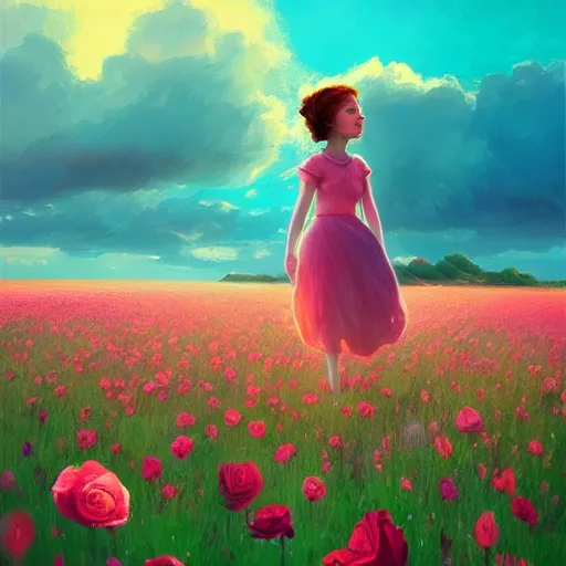 Image similar to rose head, girl floating in a flower field, surreal photography, sunrise dramatic light, impressionist painting, colorful clouds, digital painting, artstation, simon stalenhag