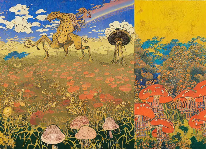 Prompt: expressionistic decollage painting golden armor alien zombie horseman riding on a crystal bone dragon broken rainbow diamond maggot horse in a blossoming meadow full of colorful mushrooms and golden foil toad blobs in a golden sunset, distant forest horizon, painted by Adrian Ghenie, Hokusai, Hilma af Klint and Amano, pixelated, semiabstract, color field painting, byzantine art, png compression glitch, pop art look, naive, outsider art. Mark Rothko painting, part by Philip Guston and Beksinski. art by Bill Traylor, 8k, extreme detail, intricate detail, masterpiece