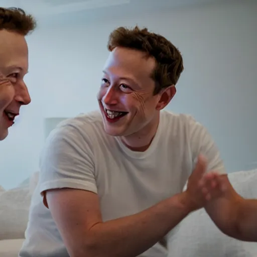 Prompt: elon musk & mark zuckerberg giggling while attending a private pajama party for celebrities only. cinematic 8 k, depth of field, bokeh.