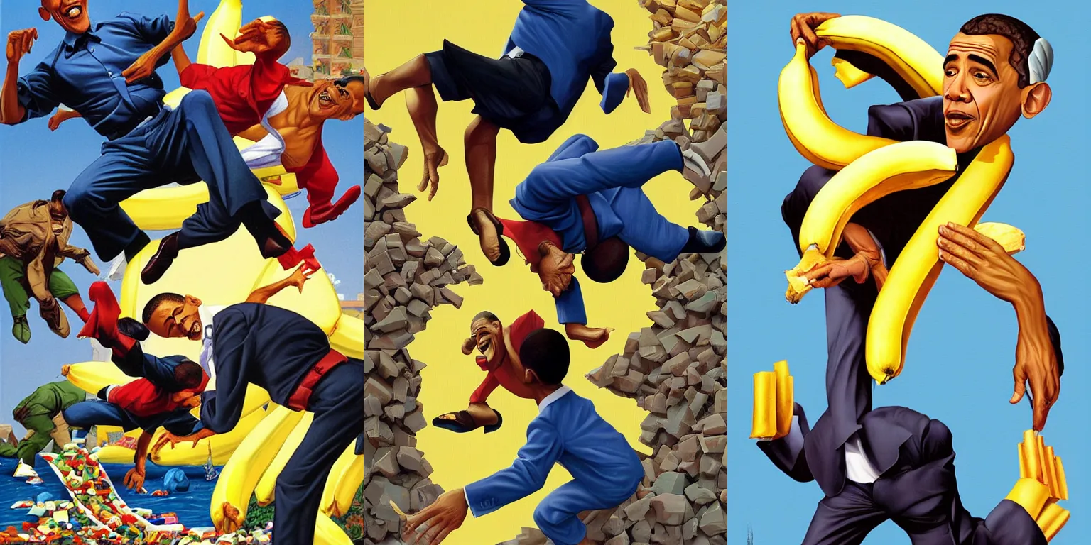 Prompt: Obama slipping on a banana peel by Greg Hildebrandt, falling down