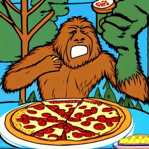 Image similar to bigfoot smoking weed while eating a pizza