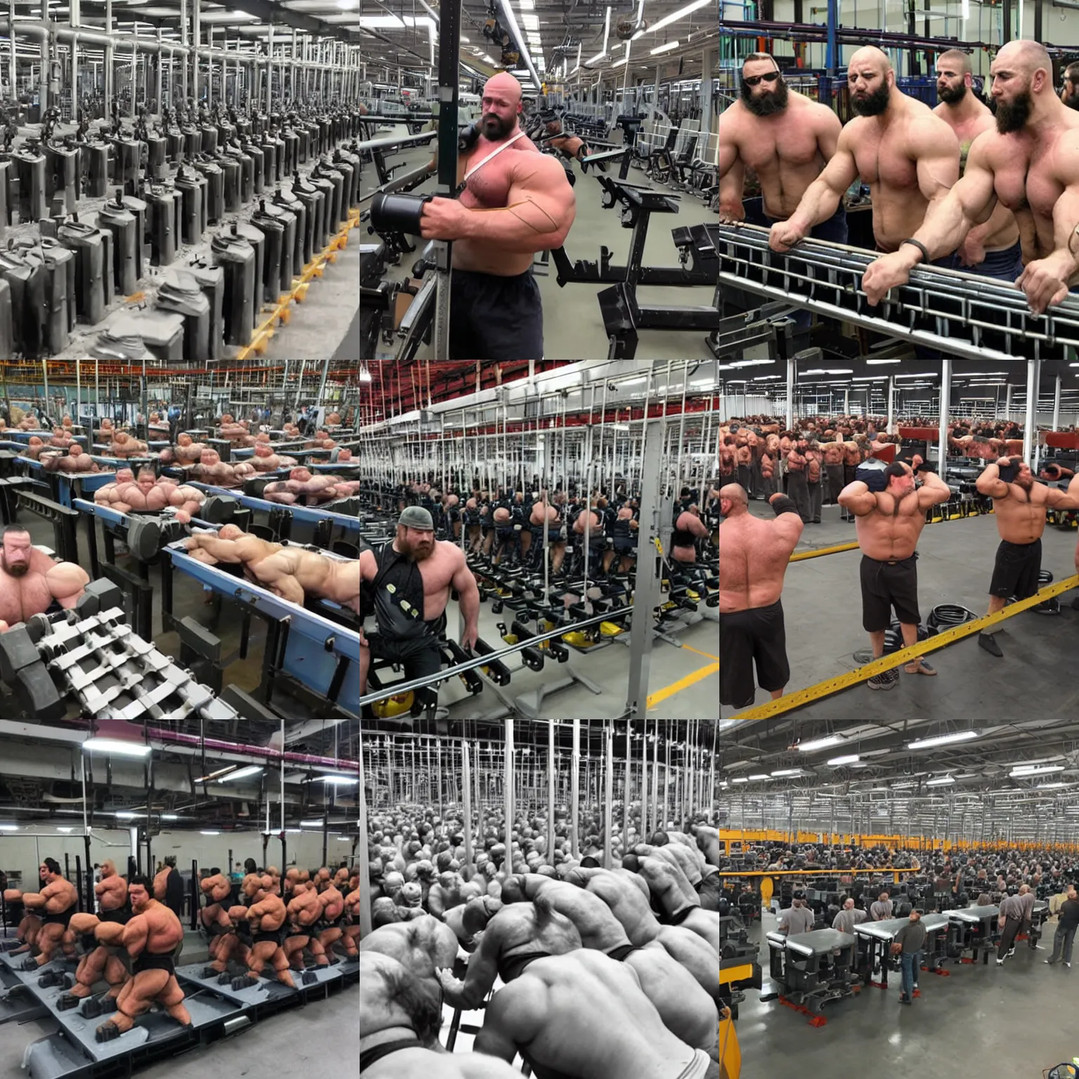 Prompt: mass production line of cloned burly hairy strongmen in a factory