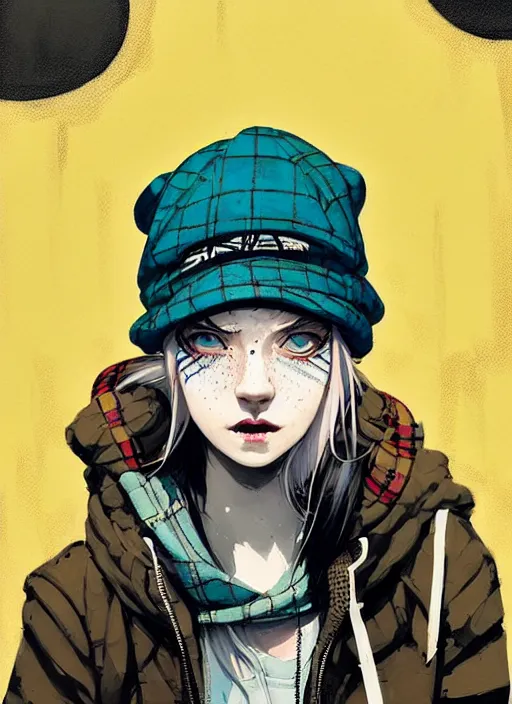Image similar to highly detailed portrait of a sewer punk lady student, blue eyes, tartan hoody, hat, white hair by atey ghailan, by greg rutkowski, by greg tocchini, by james gilleard, by joe fenton, by kaethe butcher, gradient yellow, black, brown and cyan color scheme, grunge aesthetic!!! ( ( graffiti tag wall ) )