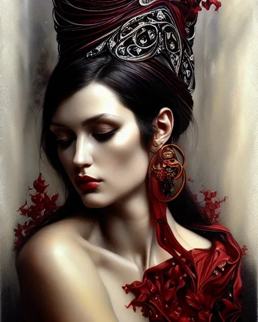 Image similar to portrait of a beautiful goddess, enigmatic beauty, dominant shades of black gold, silver, dark red, white, head in focus, fantasy art, ornamental aesthetics, intricate, elegant, highly detailed, hyperrealistic painting, artstation, concept art, painterly, sharp focus, illustration, art by karol bak