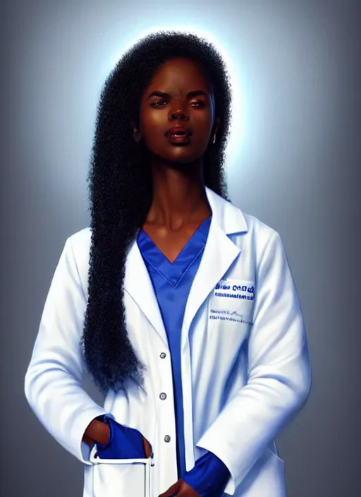 Image similar to full body portrait of young black woman with as a doctor, blue scrubs and white coat, intricate, beautiful and elegant, highly detailed, digital painting, artstation, concept art, smooth, sharp focus, illustration, art by wlop, mars ravelo and greg rutkowski