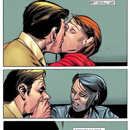 Prompt: amazing comic book panel of Norman Osborn kissing female Peter Parker