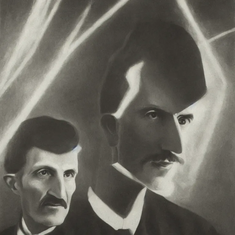 Image similar to Portrait of Nikola Tesla near the giant coil with lightings, photorealistic