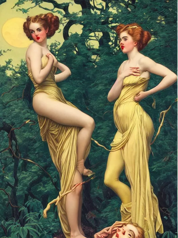 Image similar to Kiernan shipka as the three graces, a beautiful art nouveau portrait by Gil Elvgren and Gerald Brom, Moonlit forest environment bonfire, centered composition, defined features, golden ratio, golden jewelry