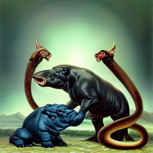 Prompt: tapir with lambda symbol fighting a giant python, drawn by Boris Vallejo