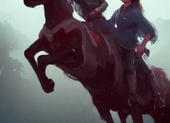 Prompt: portrait of victoria scurlock riding a mustang horse, beautiful eyes, sylvain sarrailh, artstation, ismail inceoglu by guillermo del toro, cinematic, dramatic, moody