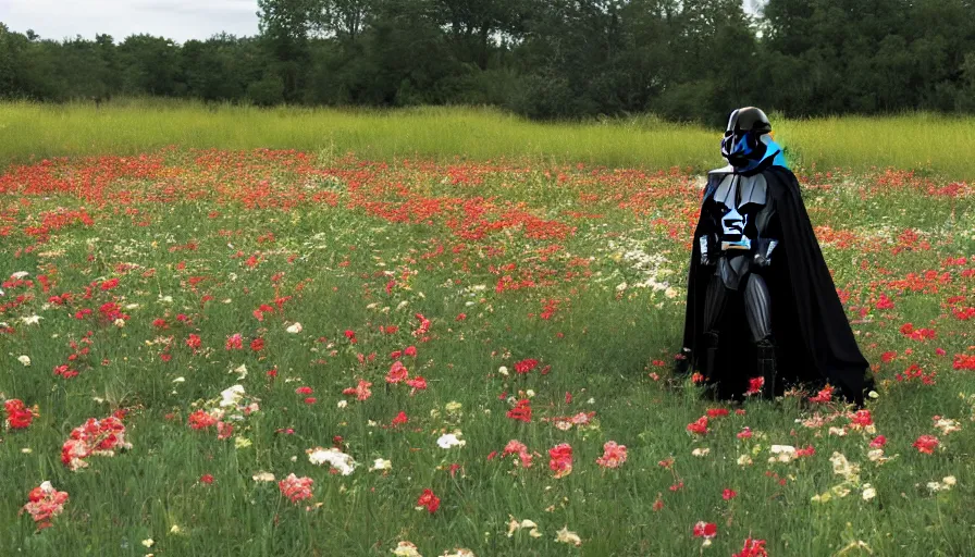 Image similar to wide shot of darth vader going through a field of flowers, realistic, detailed