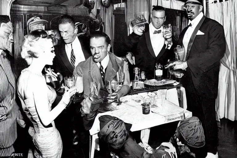 Prompt: rich piana dressed as a gangster is offered a drink at a 1 9 5 0 s party by a slim young lady, painted by phil hale and rick berry and dean cornwell and norman rockwell and jack kirby and jeremy mann