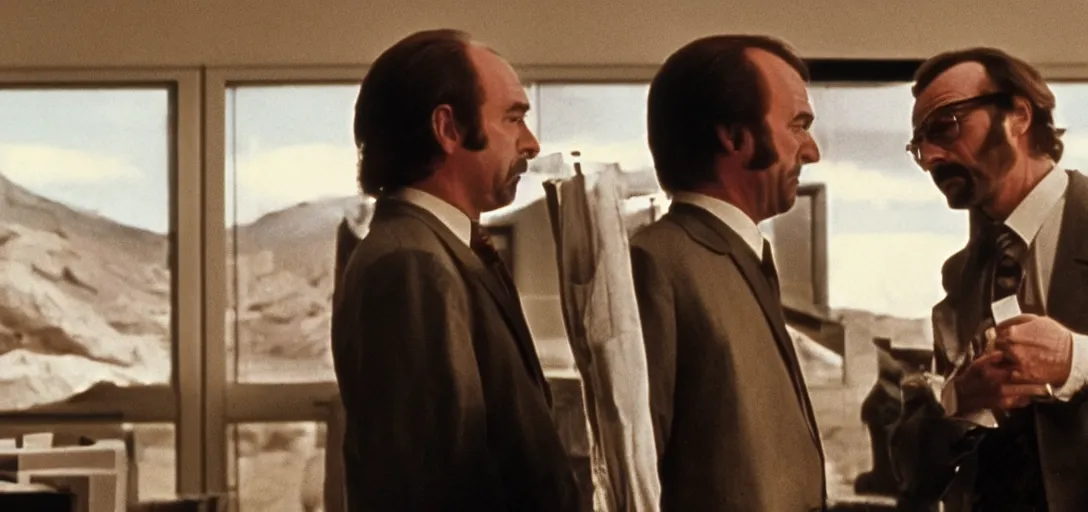 Image similar to screenshot from 7 0 s film, scene of saul goodman talking to walter white, iconic scene, directed by stanely kubrick, moody cinematography, with anamorphic lenses, crisp, detailed, 4 k