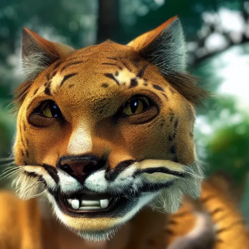 Image similar to close-up of a big cat looking like fantasy characters with cute faces live in its habitat, trending on artstation