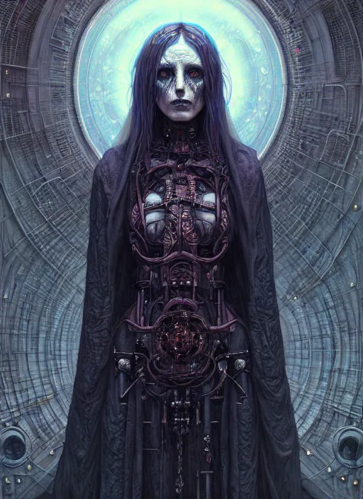 Image similar to portrait of necromancer, hyper detailed masterpiece, dystopian background, jean giraud, digital art painting, darkwave goth aesthetic, lovecraftian, artgerm, donato giancola and tom bagshaw