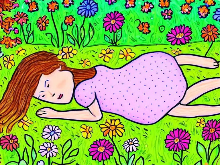 Prompt: drawing of girl laying down in the lawn full of flowers that smells like honey amongst forest with her soul connected to the nature around her. in naive art style