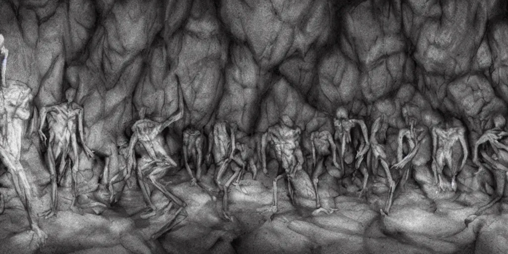 Prompt: dark cave full of skinny monster men, photorealistic, horror movie, evil, wide angle