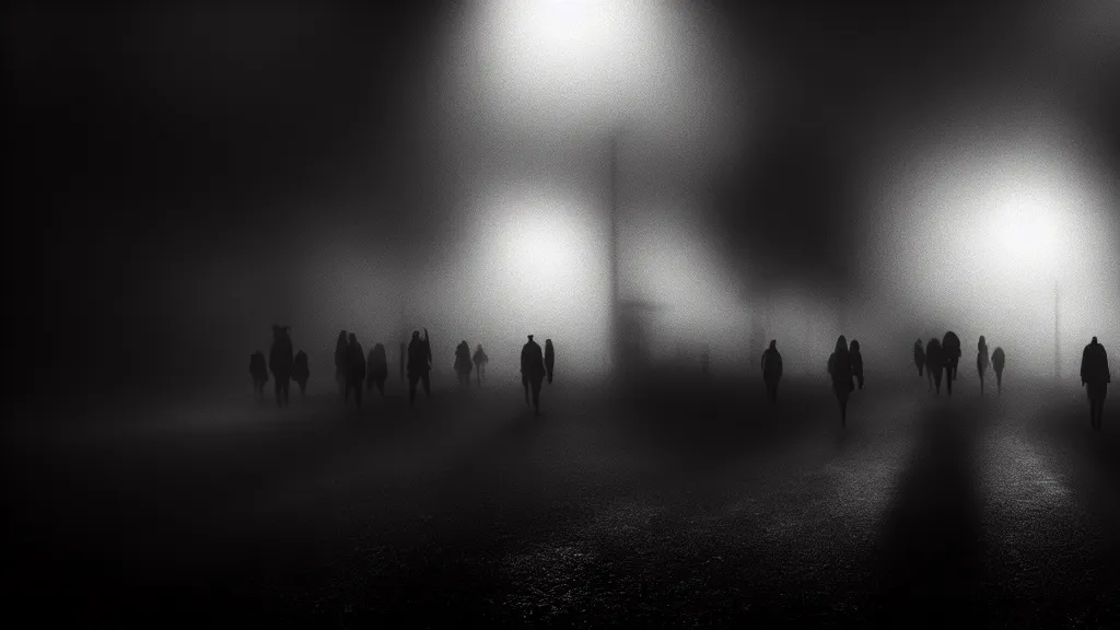 Image similar to the crowd flees the village, fog, volumetric lighting, mystique, atmospheric, sharp focus, ultra detailed, noir art house, 4 k, cinematic, 3 5 mm