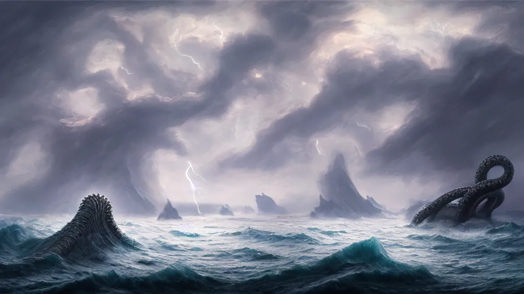 Prompt: a fantasy book landscape with massive big giant kraken in the background near a small manned boat in the front, a stormy sea, giant waves, lightning in the background, soft digital painting, highly detailed, artstation, sharp focus, illustration, concept art, ruan jia, oil painting, 4 k