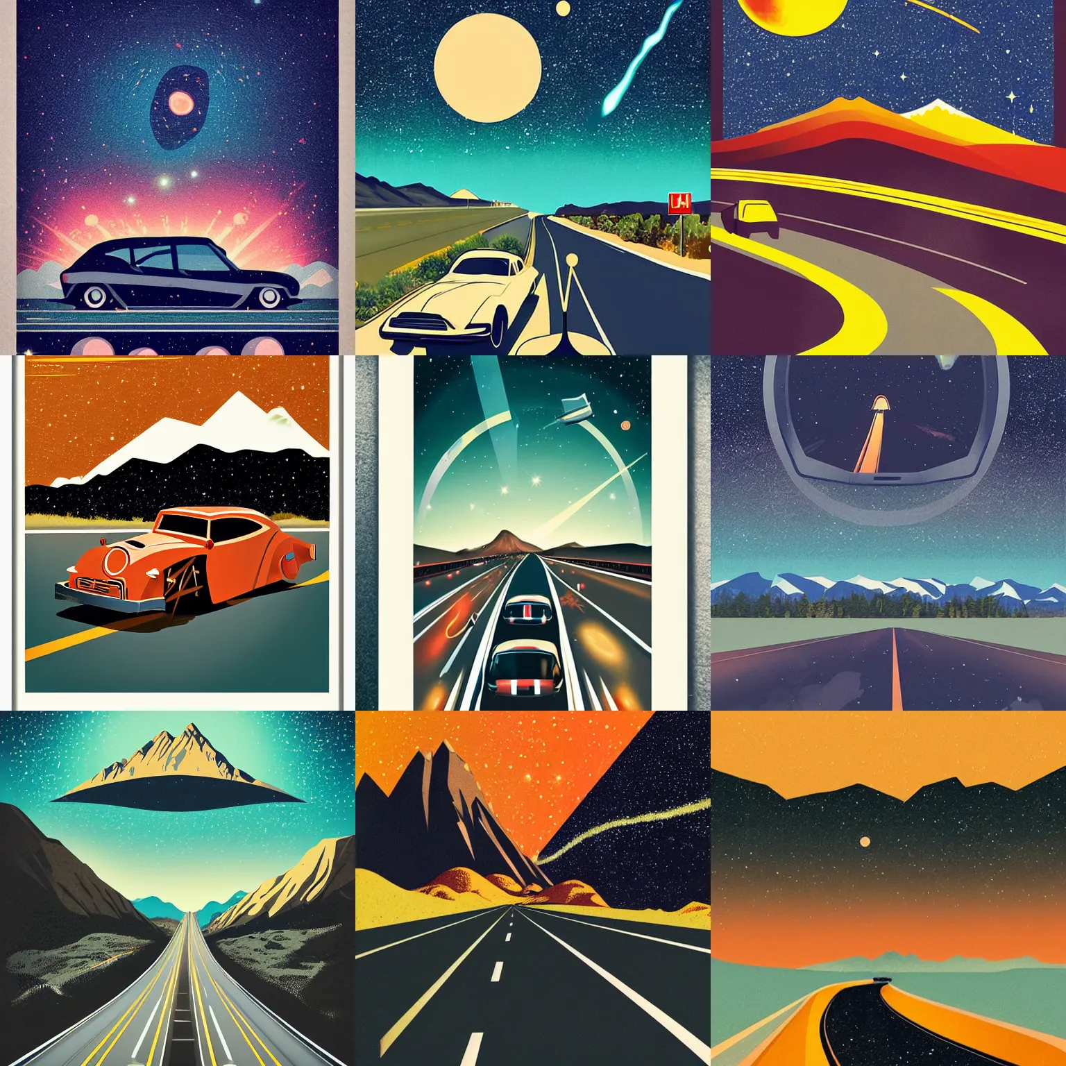 Prompt: a poster of car driving down a highway, obsidian mountains in the background with a galaxy in the sky, retrofuturistic vintage illustration