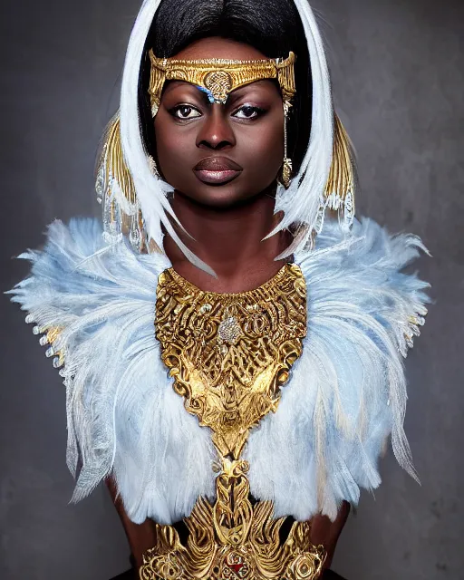 Image similar to portrait of jada fire as a beautiful greek woman +diadem with facemask and feather crest+ long hairs and complex hairdressing+antique greek tunique+symmetric face, symmetric body+gold jewels, collar, earings, rubis, sapphire, topaz,citrite+gods of olympe+ in the style of saint seiya + by Joongwon Jeong and Kei Mieno, artsation, unreal engine render, octane render